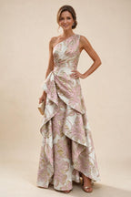 Floral Print One Shoulder A-Line Evening Gown - Blush Pink, Front View