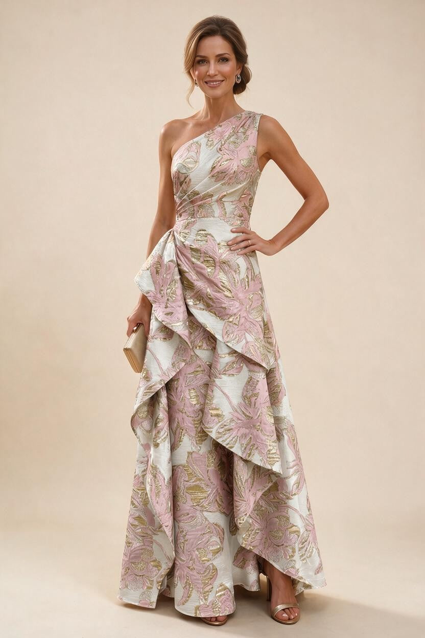 Floral Print One Shoulder A-Line Evening Gown - Blush Pink, Front View