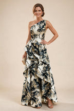 Floral Print One Shoulder A-Line Evening Gown - Black, Front View