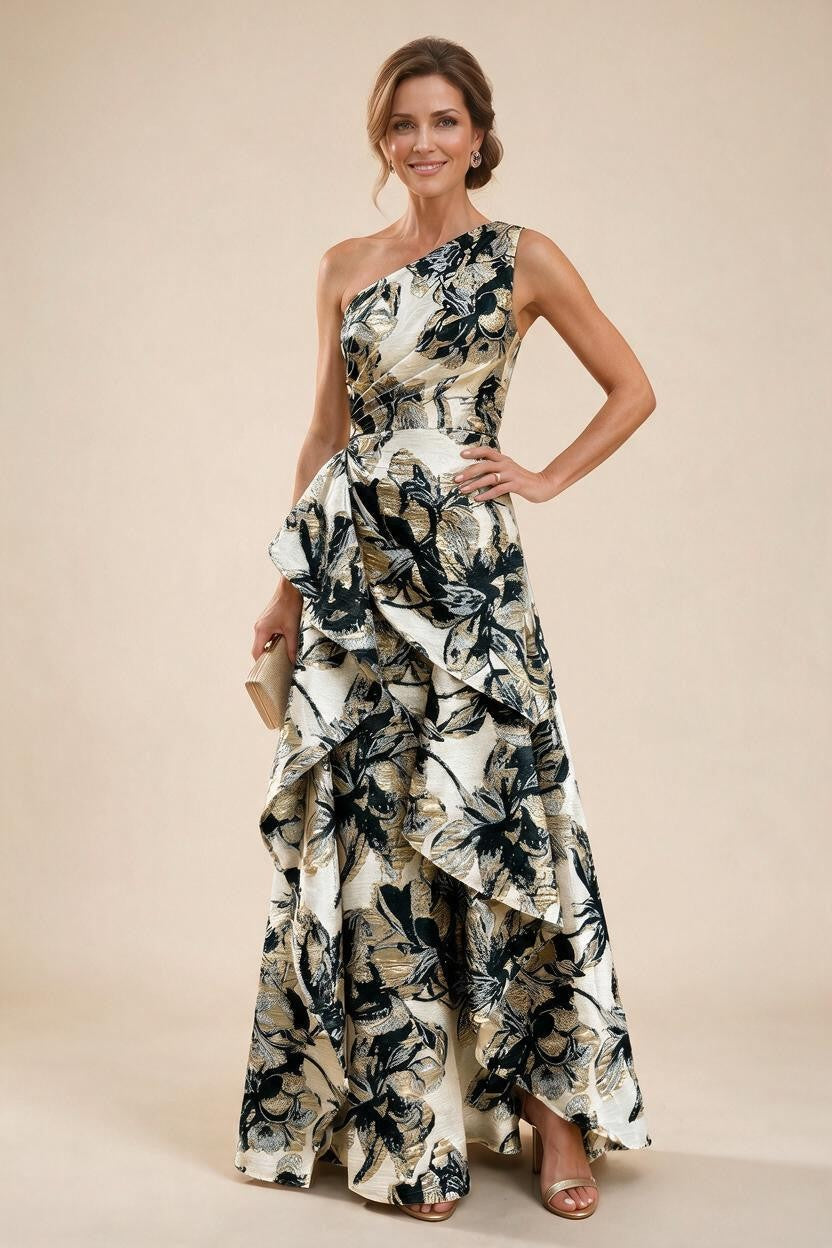 Floral Print One Shoulder A-Line Evening Gown - Black, Front View