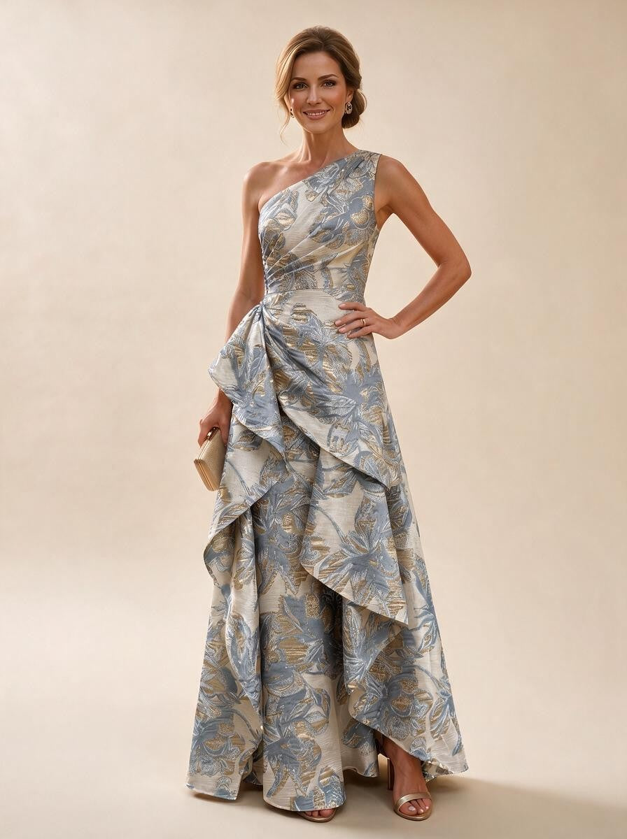 Floral Print One Shoulder A-Line Evening Gown - Dusty Blue, Front View