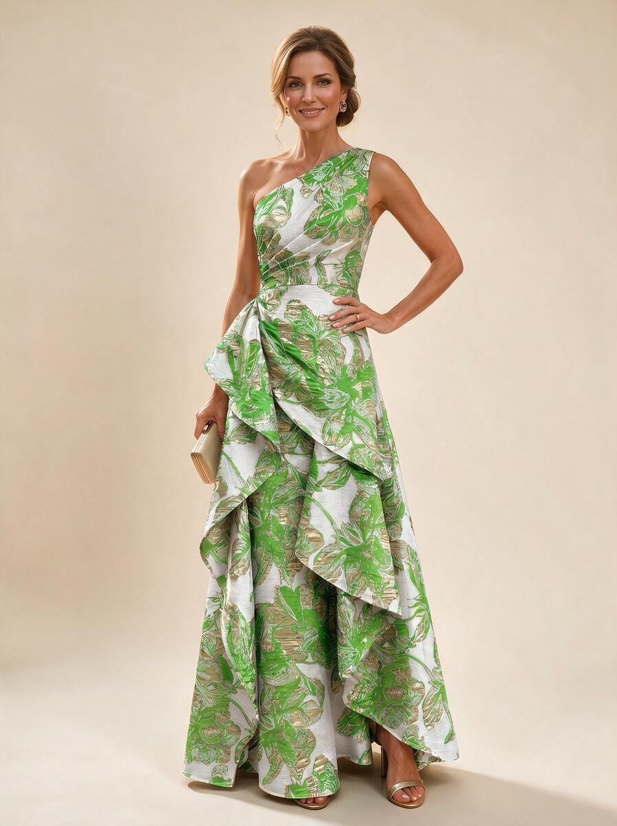 Floral Print One Shoulder A-Line Evening Gown - Green, Front View