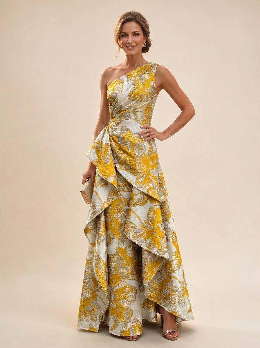 Floral Print One Shoulder A-Line Evening Gown - Mustard Yellow, Front View