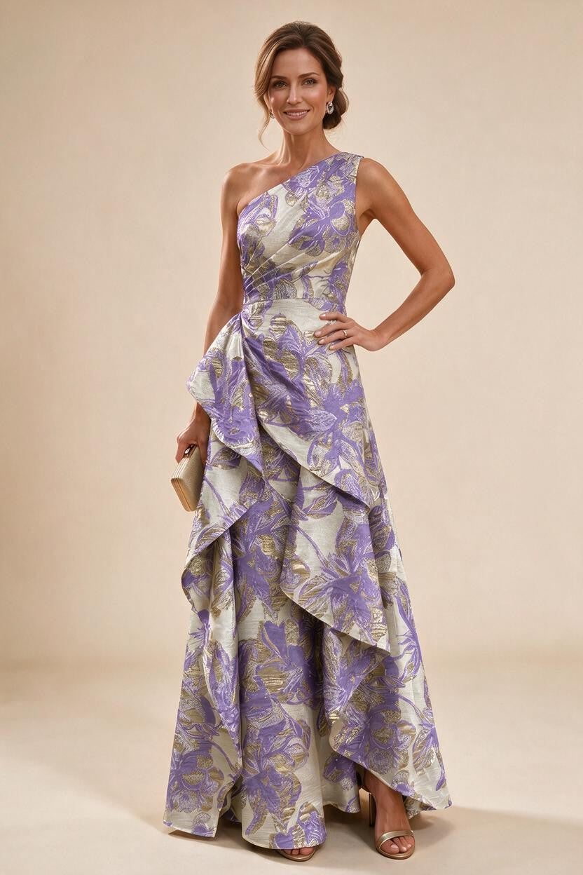 Floral Print One Shoulder A-Line Evening Gown - Purple, Front View