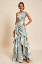 Floral Print One Shoulder A-Line Evening Gown - Sky Blue, Front View