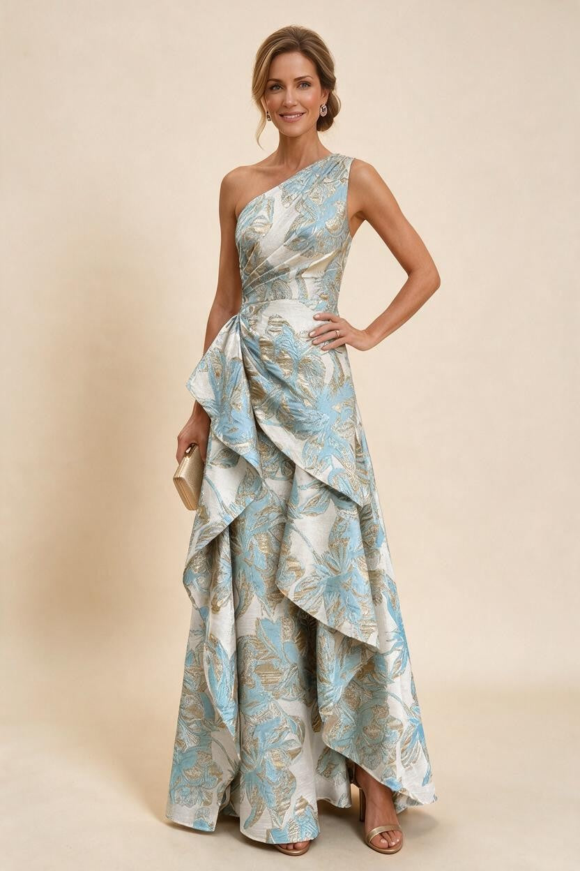 Floral Print One Shoulder A-Line Evening Gown - Sky Blue, Front View