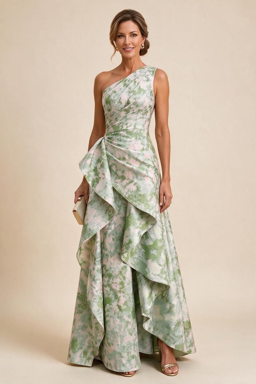 Floral Print One Shoulder A-Line Evening Gown - Mint Green, Front View