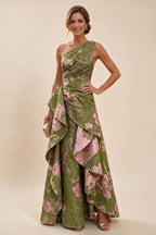 Floral Print One Shoulder A-Line Evening Gown - Pink Green, Front View