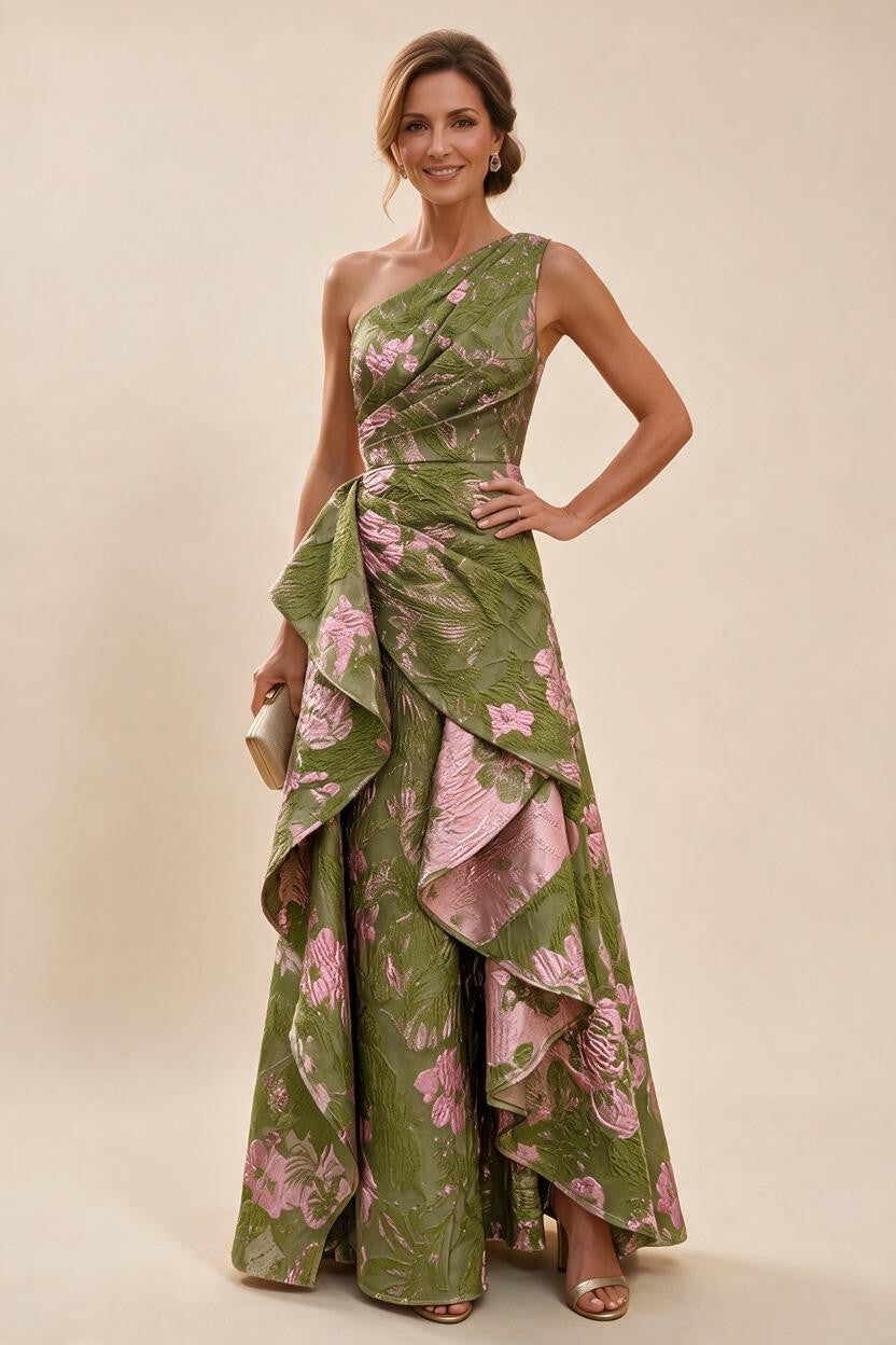 Floral Print One Shoulder A-Line Evening Gown - Pink Green, Front View