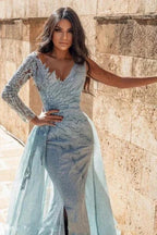 Shimmers Blue V-Neck Long-Sleeve Mermaid Floor-Length Elastic Woven Satin Prom Dresses by misshow.com