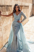Shimmers Blue V-Neck Long-Sleeve Mermaid Floor-Length Elastic Woven Satin Prom Dresses by misshow.com