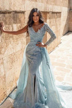 Shimmers Blue V-Neck Long-Sleeve Mermaid Floor-Length Elastic Woven Satin Prom Dresses by misshow.com