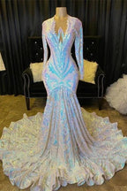 Shimmers Long Sleeve Mermaid V-neck Sequins Appliques Prom Dresses by BIZTUNNEL