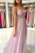 Shimmers Pink Spaghettistraps Sleeveless Column Tulle Floor-Length Prom Dresses with Beadings by misshow.com