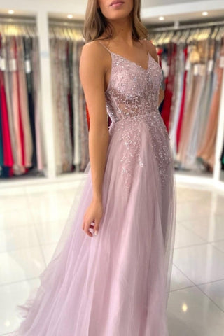 Shimmers Pink Spaghettistraps Sleeveless Column Tulle Floor-Length Prom Dresses with Beadings