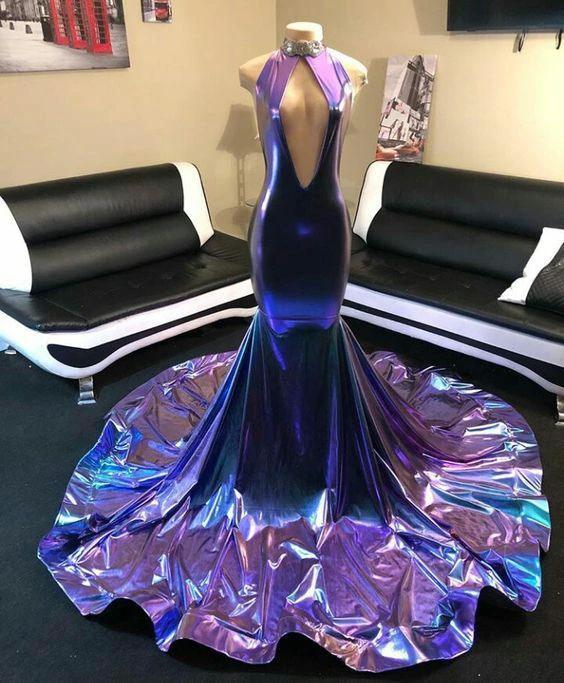 Shimmers Purple High-neck V-neck Sleeveless Column Mermaid Wedding Dresses by misshow.com
