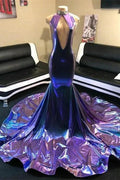 Shimmers Purple High-neck V-neck Sleeveless Column Mermaid Wedding Dresses by misshow.com