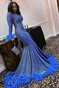 Shining Blue Cowl Neck Long Sleeve Floor-length Mermaid Prom Dresses by misshow.com