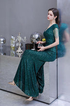 Shining Sequins Emerald Green Mermaid Evening Party Gown with Tassels Sleeves by misshow.com