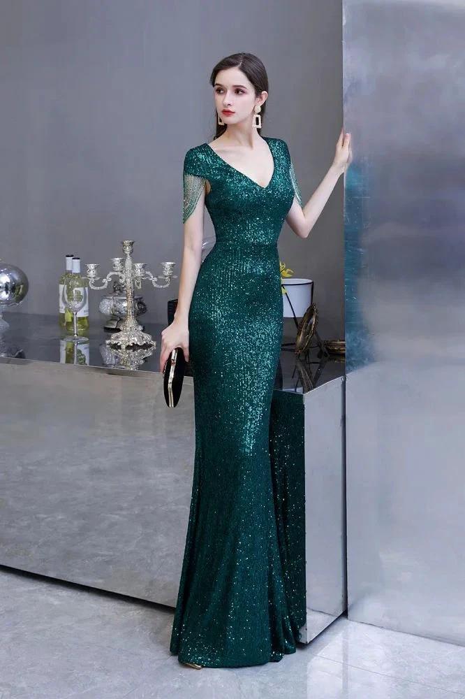 Shining Sequins Emerald Green Mermaid Evening Party Gown with Tassels Sleeves by misshow.com