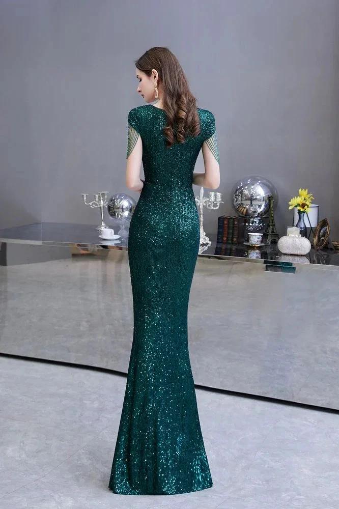 Shining Sequins Emerald Green Mermaid Evening Party Gown with Tassels Sleeves by misshow.com