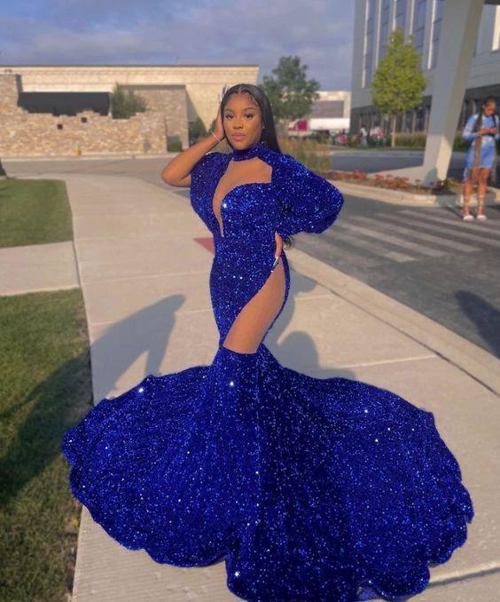 Shinning Royal Blue High-neck Long Sleeve Lace Floor-length Mermaid Prom Dresses by misshow.com