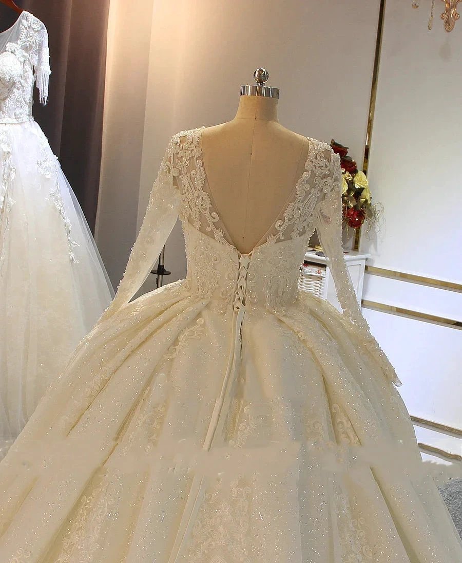 Shinny Long A-line Full Beading Lace-Up Wedding Dresses with Sleeves by BIZTUNNEL