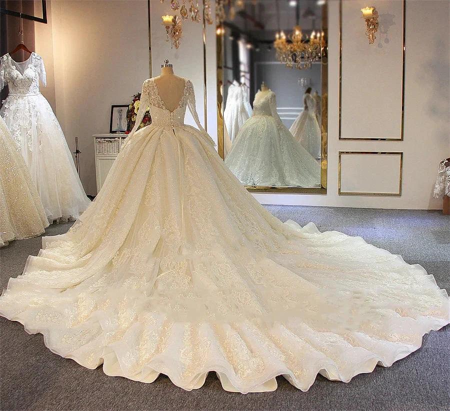 Shinny Long A-line Full Beading Lace-Up Wedding Dresses with Sleeves by BIZTUNNEL