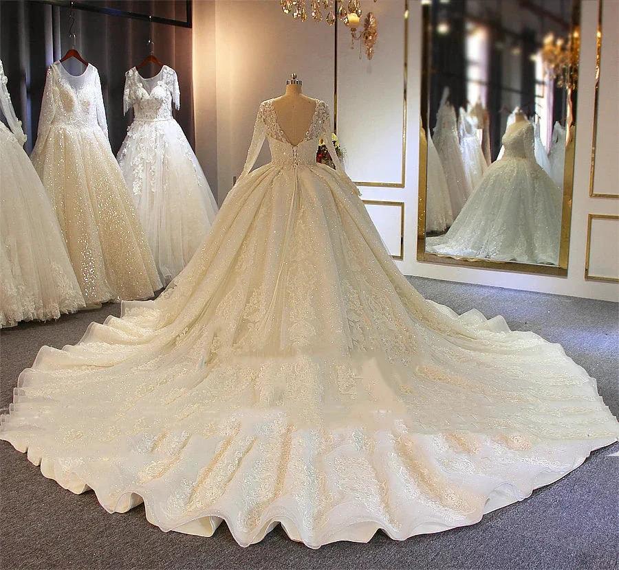 Shinny Long A-line Full Beading Lace-Up Wedding Dresses with Sleeves by BIZTUNNEL