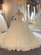 Shinny Long A-line Full Beading Lace-Up Wedding Dresses with Sleeves by BIZTUNNEL