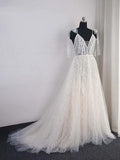 Shinny Long A-Line V-Neck Backless Sequins Wedding Dresses by BIZTUNNEL
