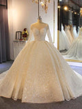 Shinny Long Ball Gown Sweetheart Sparkling Wedding Dresses with Sleeves by BIZTUNNEL