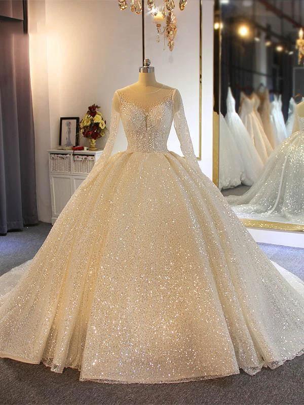 Shinny Long Ball Gown Sweetheart Sparkling Wedding Dresses with Sleeves by BIZTUNNEL