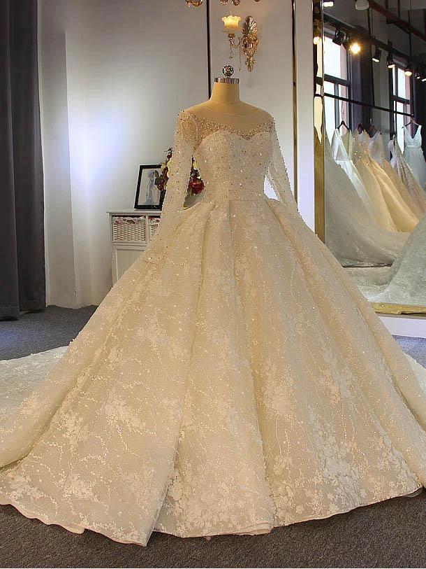 Shinny Long Ball Gown Sweetheart Tulle Lace Wedding Dresses with Sleeves by BIZTUNNEL