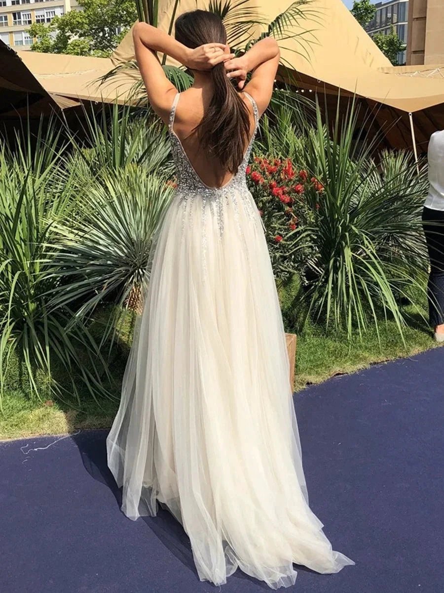 Shiny A Line V Neck Backless Sequins Long Prom Dresses Sparkly Formal Graduation Evening Gowns by BIZTUNNEL