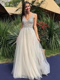 Shiny A Line V Neck Backless Sequins Long Prom Dresses Sparkly Formal Graduation Evening Gowns by BIZTUNNEL
