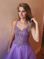 Shiny A-line V Neck Open Back Tulle Lace Long Prom Formal Evening Dresses by BIZTUNNEL