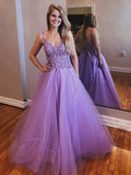 Shiny A-line V Neck Open Back Tulle Lace Long Prom Formal Evening Dresses by BIZTUNNEL