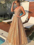 Shiny A-line V Neck Sparkly Backless Long Prom Formal Graduation Evening Dresses by BIZTUNNEL