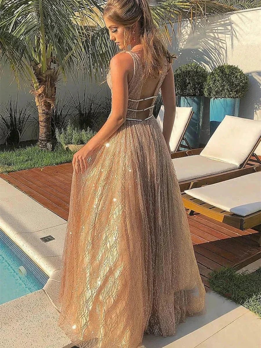 Shiny A-line V Neck Sparkly Backless Long Prom Formal Graduation Evening Dresses by BIZTUNNEL