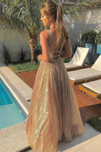 Shiny A-line V Neck Sparkly Backless Long Prom Formal Graduation Evening Dresses by BIZTUNNEL