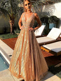 Shiny A-line V Neck Sparkly Backless Long Prom Formal Graduation Evening Dresses by BIZTUNNEL