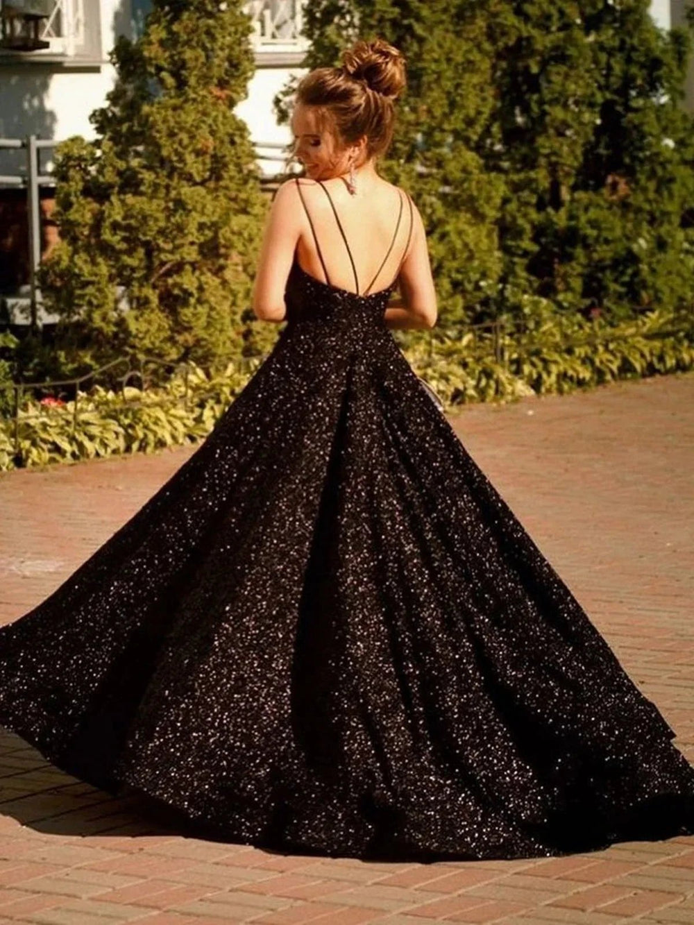 Shiny Black Long A-line V-neck Sequined Backless Formal Prom Dresses by BIZTUNNEL