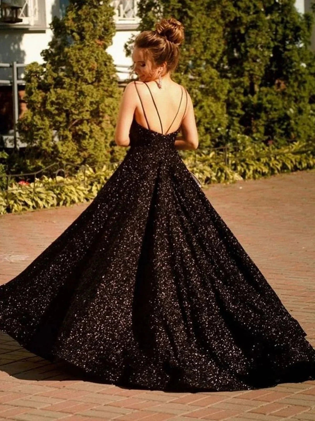 Shiny Black Long A-line V-neck Sequined Backless Formal Prom Dresses by BIZTUNNEL
