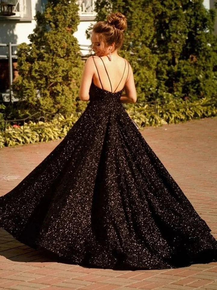Shiny Black Long A-line V-neck Sequined Backless Formal Prom Dresses by BIZTUNNEL