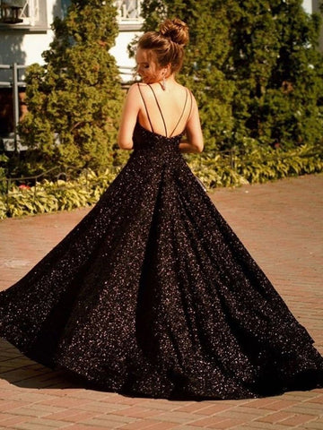 Vestido de fiesta formal negro brillante, largo, corte A, escote en V, lentejuelas, espalda descubierta