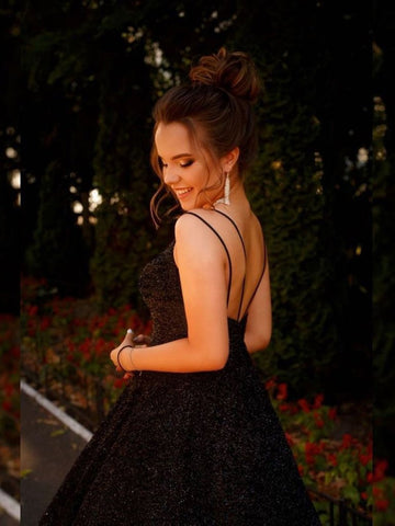 Vestido de fiesta formal negro brillante, largo, corte A, escote en V, lentejuelas, espalda descubierta