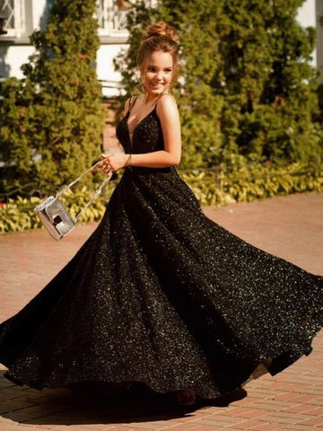 Vestido de fiesta formal negro brillante, largo, corte A, escote en V, lentejuelas, espalda descubierta