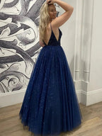 Shiny Dark Navy Long A-line Sweetheart Open Back Formal Prom Dresses by BIZTUNNEL