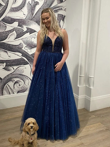 Vestidos de fiesta formales de corte A largo, espalda abierta y escote en forma de corazón en azul marino oscuro brillante